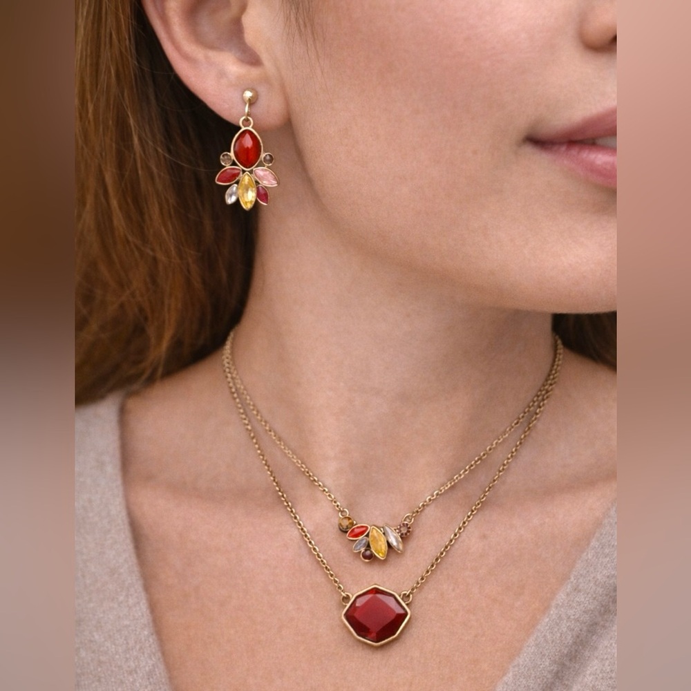 Don’t Ask Midnight Purple & Red Double Strand Necklace and Earrings Set